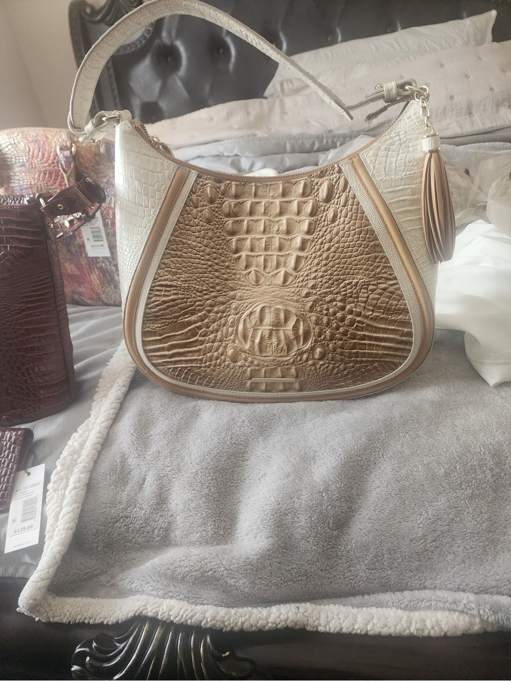Brahmin Two-Tone Beige & Cream Croc-Embossed Shoulder Bag with Tassel